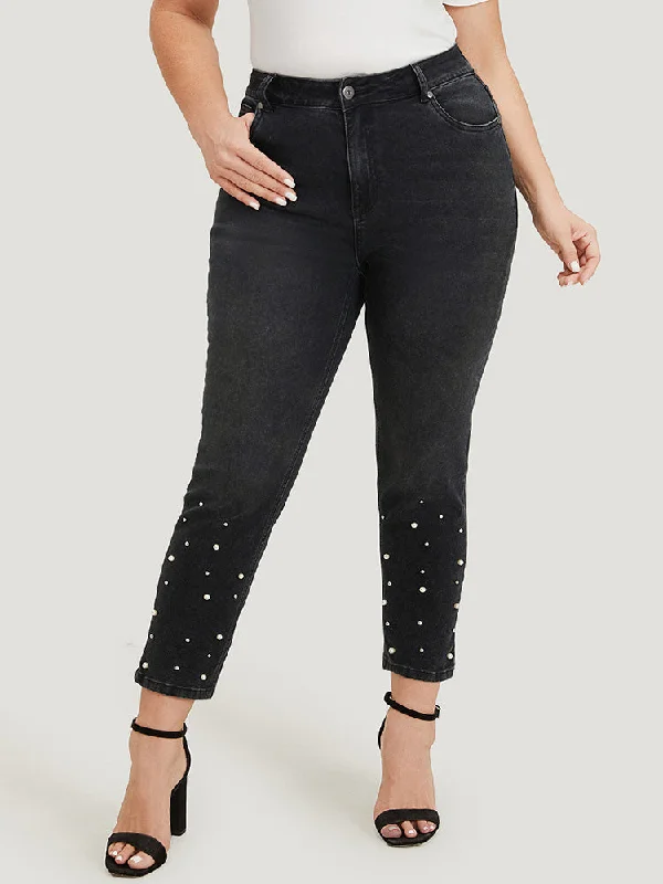 Beaded Detail Pocket Very Stretchy Black Wash Jeans