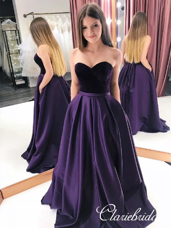 Sweetheart Long A-line Purple Satin Prom Dresses, Velvet Top Prom Dresses, Long Prom Dresses