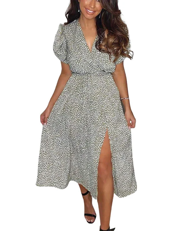 Womens Puff Sleeve Calf Midi Dress