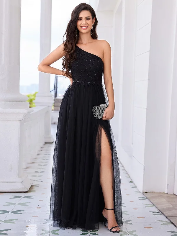 One-Shoulder Embellished Tulle Formal Evening Dress