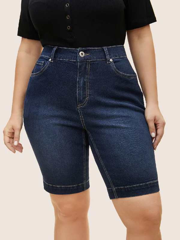 Dark Wash Split Hem Quilted Denim Shorts