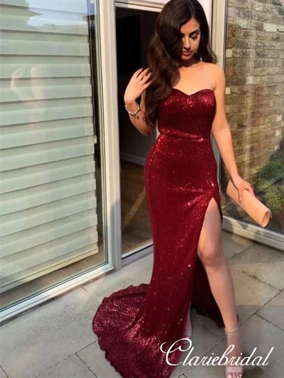 Sweetheart Long Mermaid Sequin Prom Dresses, Sexy Side Slit Prom Dresses, Long Prom Dresses