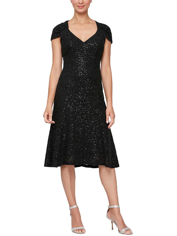 Womens Embroidered Midi Cocktail and Party Dress