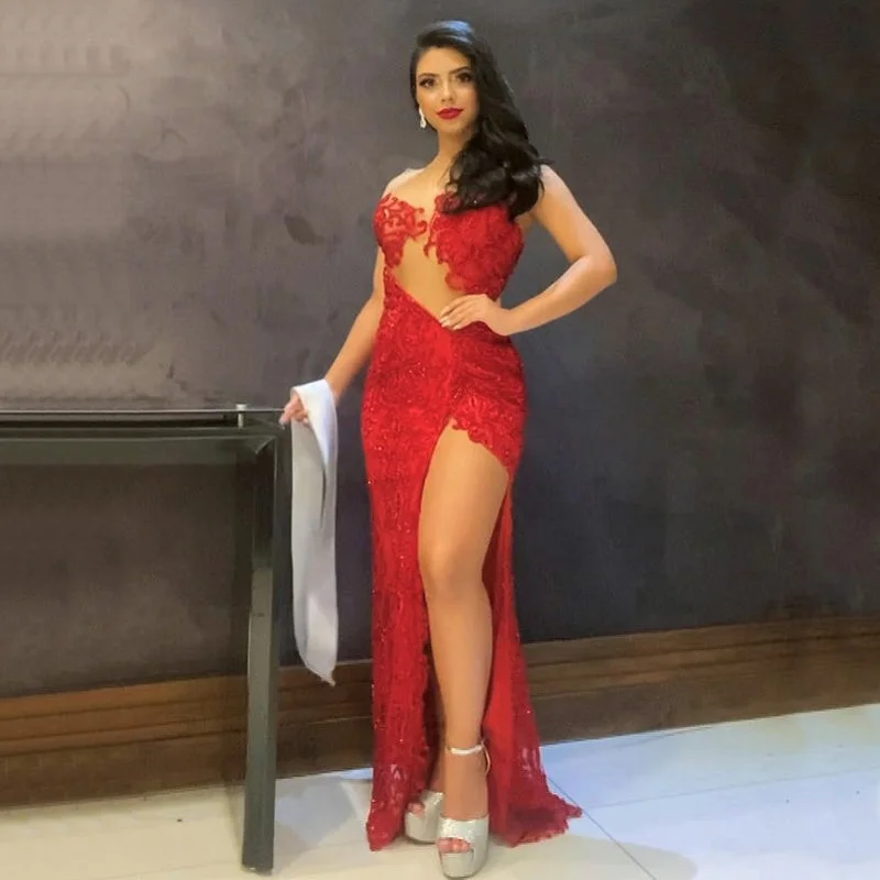 Sexy Red Strapless Open Back Side-slit Long Mermaid Prom Dress, PD3406