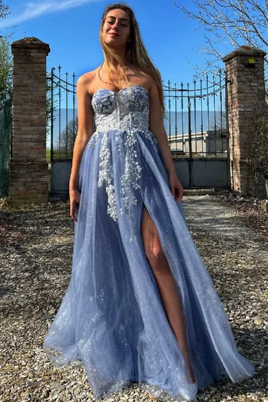 Sweetheart A-Line Strapless Lace Appliques Prom Dress with Slit