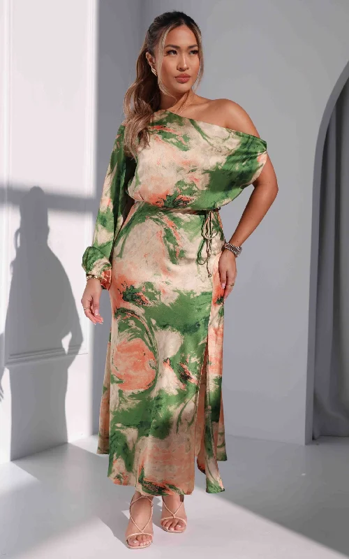 Martisha Long Sleeve Maxi Dress - Green Peach Multi Print