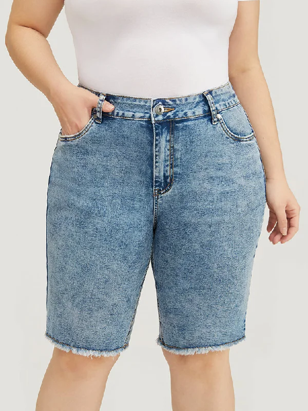 Skinny Moderately Stretchy Dark Wash Raw Hem Denim Shorts