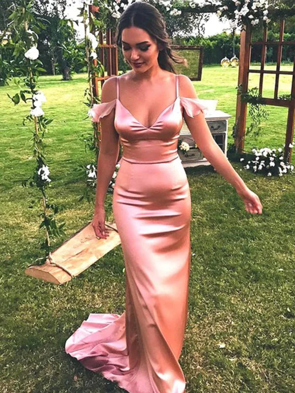 Elegant Sexy Shiny Pink Spaghetti Strap V-neck Mermaid Long Prom Dress With Trail, PD3181