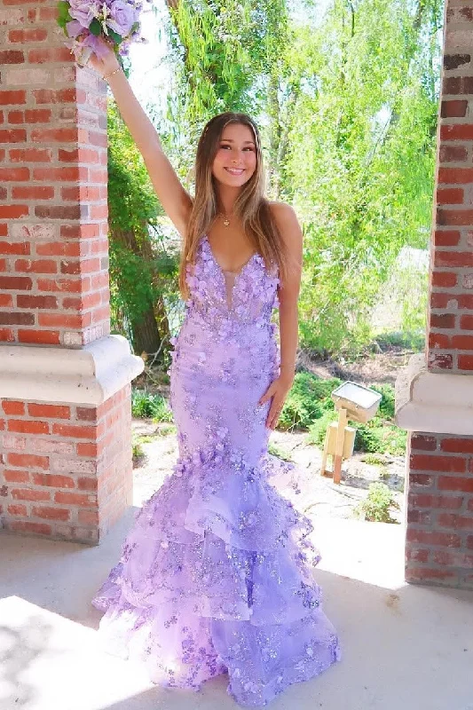 Stunning V-Neck Spaghetti Straps Appliques Mermaid Prom Dress Purple