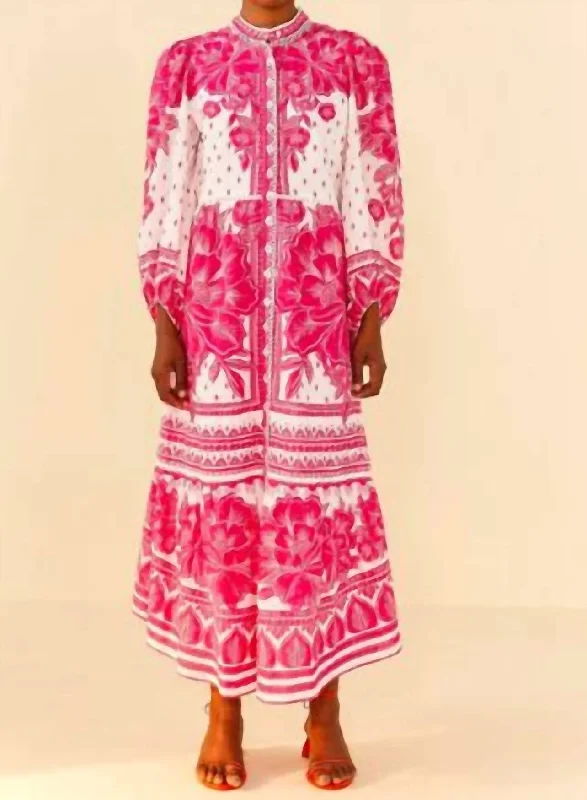 Pink Tropical Woodcut Midi Dress In Pink/white