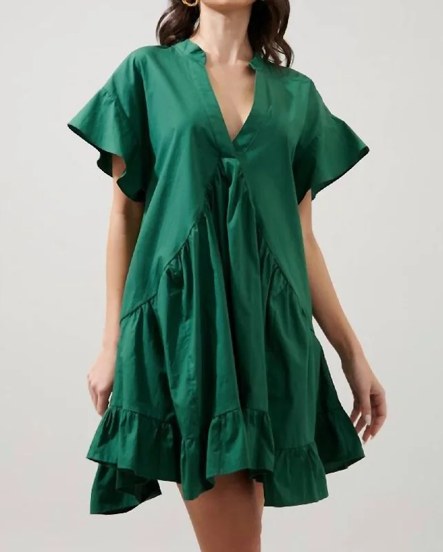 Birdie Deep V Mini Poplin Shift Dress In Emerald