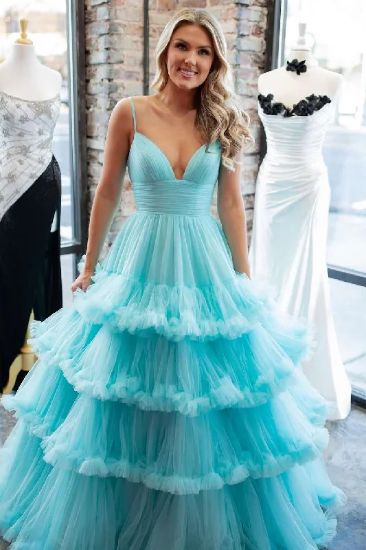 Blue Spaghetti Straps V-Neck Layered Tulle Sleeveless Prom Dress