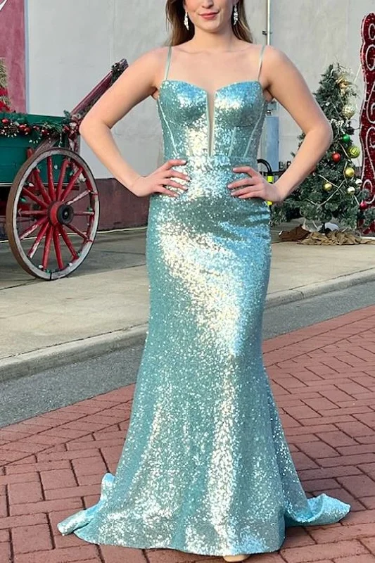 Sparkly Sequined V-Neck Spaghetti Straps Mermaid Prom Dress