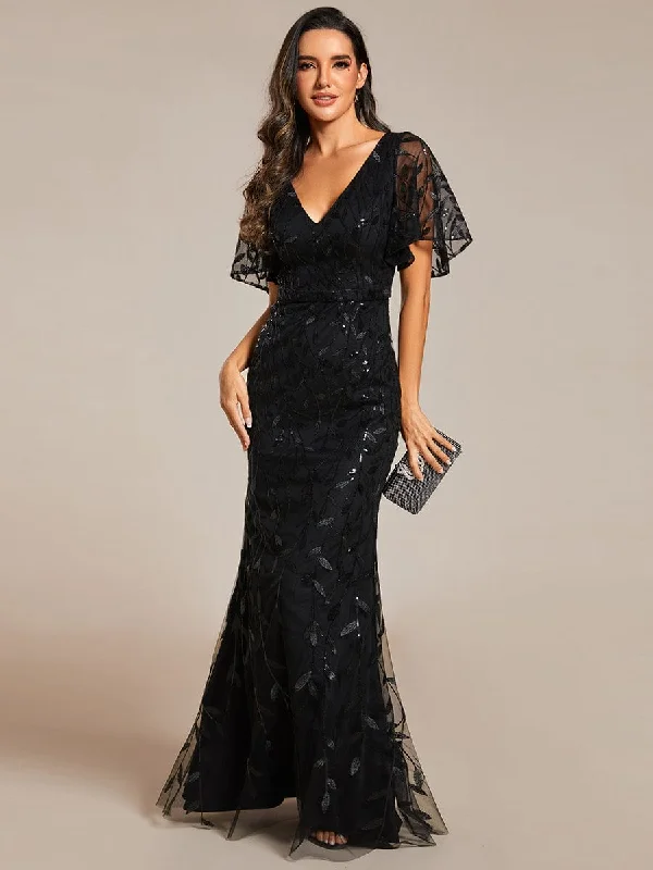 Gorgeous V Neck Leaf-Sequined Fishtail Party Dress