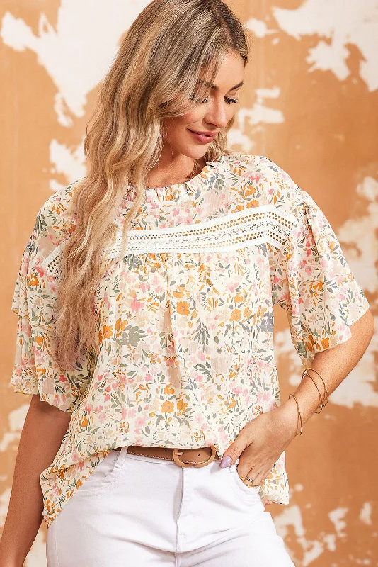 Floral Print Wide Ruffle Sleeves Blouse