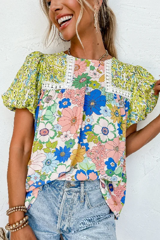 Bubble Sleeve Lace Trim Floral Mixed Print Blouse