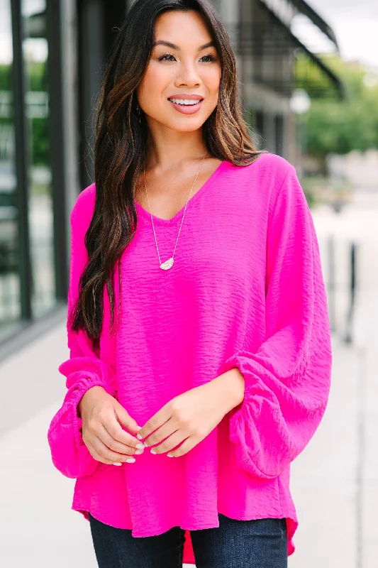 Let's Be Clear Hot Pink Bubble Sleeve Blouse