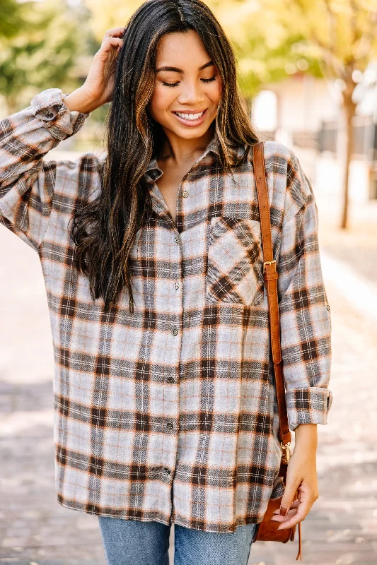 Never Leave Mocha Brown Plaid Button Down Top