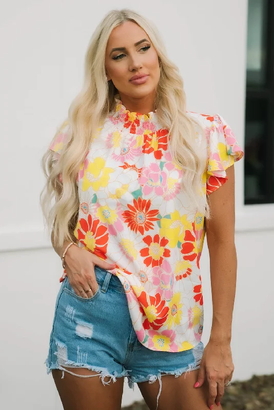 Stand Collar Flutter Sleeves Floral Top