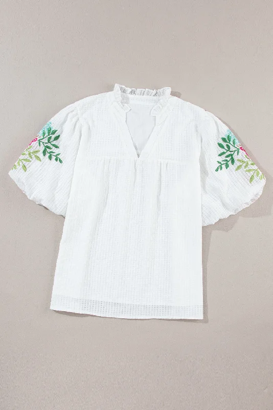 White Floral Embroidered Puff Sleeve Notched Neck Blouse