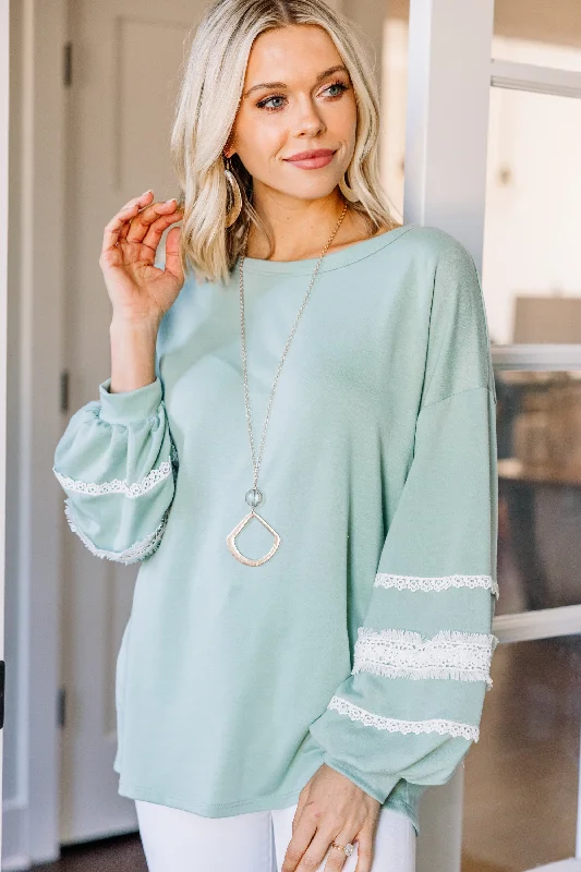 Who You Are Sage Green Crochet Lace Sleeve Top