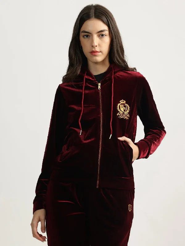 Iconic Women Maroon Solid Hooded Full Sleeves Zip Through Sweatshirt